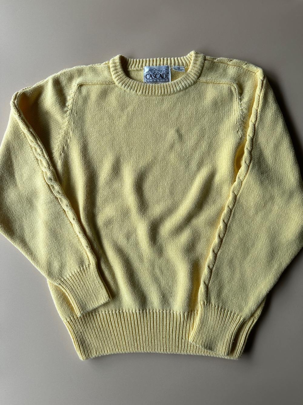 Vintage 80’s Pale Yellow 100% cotton Crewneck Sweater with Cable Trim